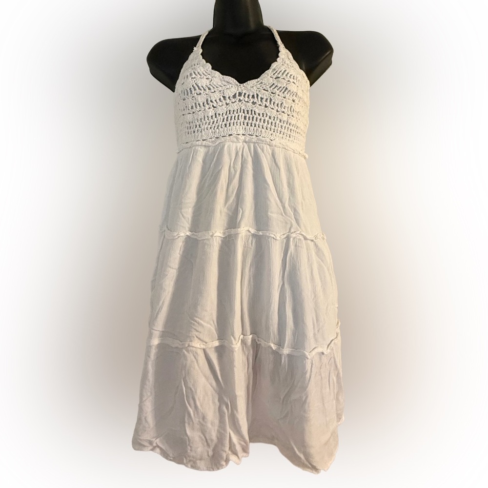 Women's White Tiered Crochet Bodice Midi Dress